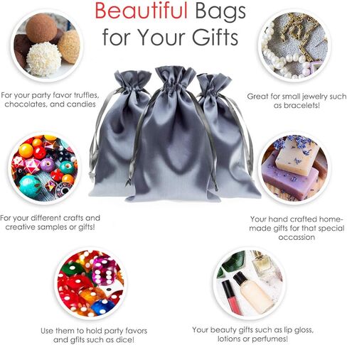 حقائب هدايا من الساتان الفضي مقاس 10.16 سم × 15.24 سم، وحقائب مجوهرات، وحقائب برباط لحفلات الزفاف، وحقائب هدايا عيد الميلاد لاستحمام الطفل، 50 لكل عبوة in Kuwait