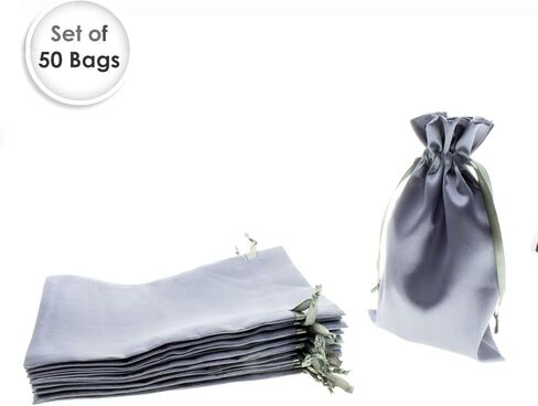 حقائب هدايا من الساتان الفضي مقاس 10.16 سم × 15.24 سم، وحقائب مجوهرات، وحقائب برباط لحفلات الزفاف، وحقائب هدايا عيد الميلاد لاستحمام الطفل، 50 لكل عبوة in Kuwait