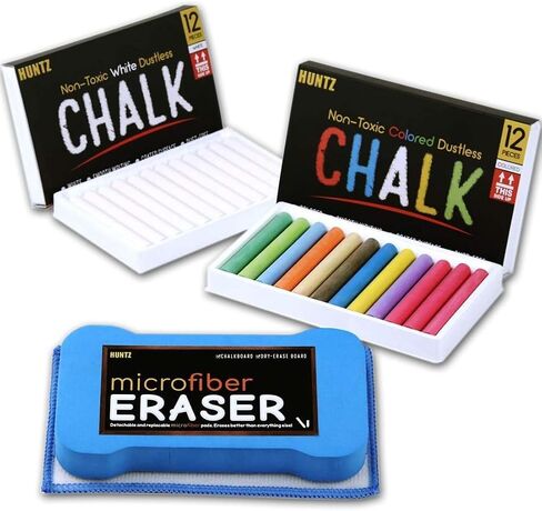 Huntz Dustless Chalk With Microfiber Eraser (Washable & Reusable) (12 White Chalks + 12 Colored Chalks + Eraser) in Saudi Arabia