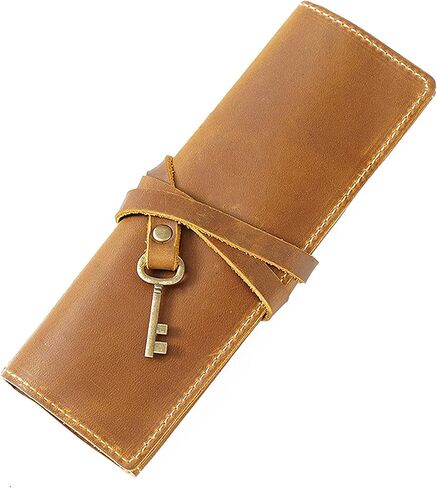 Genuine Leather Pencil Case, Rollup Pen, Pencil Pouch Wrap Foldable Tool, Pencil Storage Case for Adult Men & Women Office Work (Brown) in Kuwait