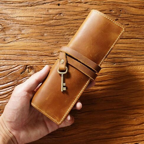 Genuine Leather Pencil Case, Rollup Pen, Pencil Pouch Wrap Foldable Tool, Pencil Storage Case for Adult Men & Women Office Work (Brown) in Kuwait