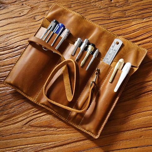 Genuine Leather Pencil Case, Rollup Pen, Pencil Pouch Wrap Foldable Tool, Pencil Storage Case for Adult Men & Women Office Work (Brown) in Kuwait