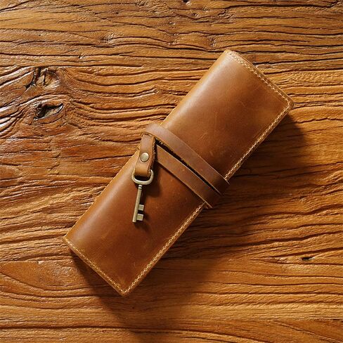 Genuine Leather Pencil Case, Rollup Pen, Pencil Pouch Wrap Foldable Tool, Pencil Storage Case for Adult Men & Women Office Work (Brown) in Kuwait
