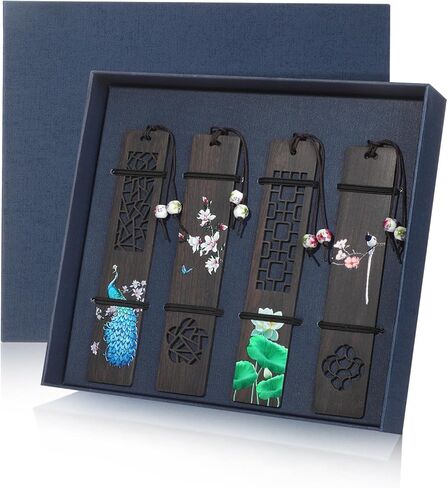 4 Pieces Wooden Bookmark for Book Lovers, Handmade Hallow Out Natural Wooden Carving Bookmark Box Set, Peacock and Lotus Pattern Painted Bookmark for Women Men Teacher Birthday Gift in Kuwait