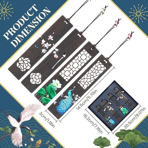 4 Pieces Wooden Bookmark for Book Lovers, Handmade Hallow Out Natural Wooden Carving Bookmark Box Set, Peacock and Lotus Pattern Painted Bookmark for Women Men Teacher Birthday Gift in Kuwait