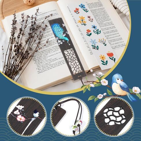 4 Pieces Wooden Bookmark for Book Lovers, Handmade Hallow Out Natural Wooden Carving Bookmark Box Set, Peacock and Lotus Pattern Painted Bookmark for Women Men Teacher Birthday Gift in Kuwait