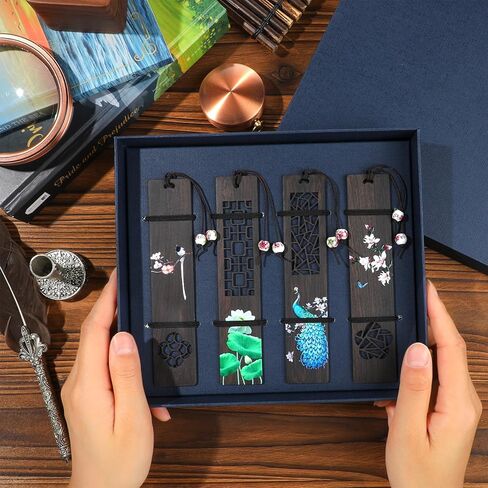 4 Pieces Wooden Bookmark for Book Lovers, Handmade Hallow Out Natural Wooden Carving Bookmark Box Set, Peacock and Lotus Pattern Painted Bookmark for Women Men Teacher Birthday Gift in Kuwait