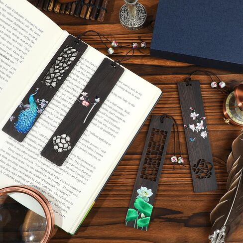 4 Pieces Wooden Bookmark for Book Lovers, Handmade Hallow Out Natural Wooden Carving Bookmark Box Set, Peacock and Lotus Pattern Painted Bookmark for Women Men Teacher Birthday Gift in Kuwait