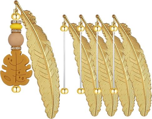 5 Pcs Feather Beaded Bookmark Tassels, Beadable Bookmark Bulk, Unique Beadable Bookmarks DIY Beadable Keychains Bookmark for Men Women Reader Teacher Supplies (Gold) in Saudi Arabia