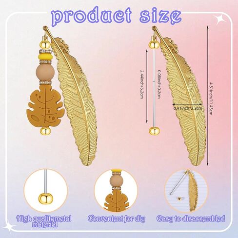 5 Pcs Feather Beaded Bookmark Tassels, Beadable Bookmark Bulk, Unique Beadable Bookmarks DIY Beadable Keychains Bookmark for Men Women Reader Teacher Supplies (Gold) in Saudi Arabia