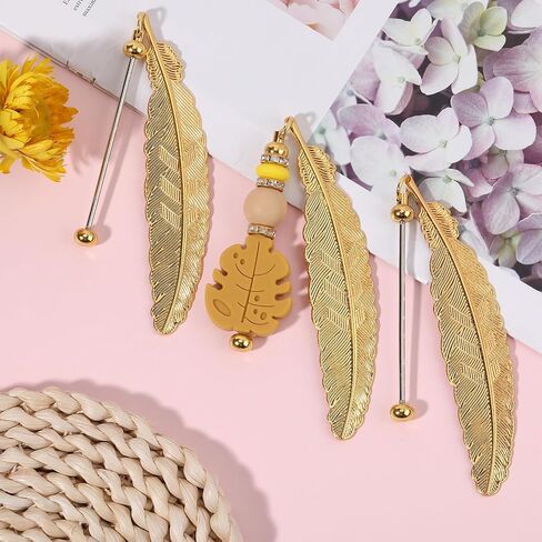 5 Pcs Feather Beaded Bookmark Tassels, Beadable Bookmark Bulk, Unique Beadable Bookmarks DIY Beadable Keychains Bookmark for Men Women Reader Teacher Supplies (Gold) in Saudi Arabia
