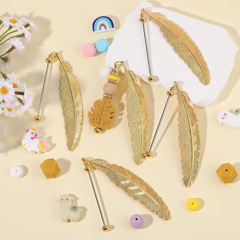 5 Pcs Feather Beaded Bookmark Tassels, Beadable Bookmark Bulk, Unique Beadable Bookmarks DIY Beadable Keychains Bookmark for Men Women Reader Teacher Supplies (Gold) in Saudi Arabia