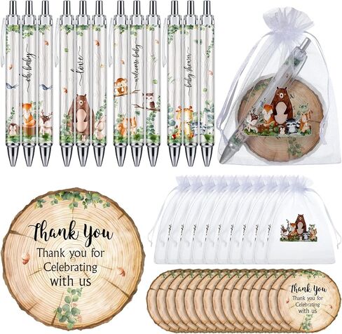 Chuangdi 50 Sets Baby Shower Favors Gifts for Guests Includes 50 Pcs Ballpoint Pens, Thank You Cards and Organza Bags(Woodland Animal) in Saudi Arabia
