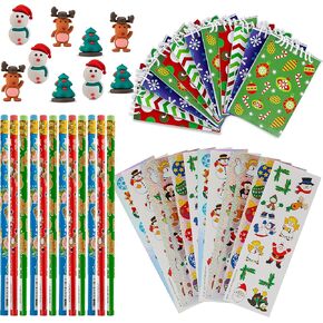 مجموعة Favonir Christmas Stationary Party Favor Collection 48 مجموعة - أقلام الرصاص - دفاتر الملاحظات - ملصقات مبتكرة متنوعة - ممحاة شخصية مطاطية ثلاثية الأبعاد لعيد الميلاد - جوائز المكافآت، أحداث الكرنفال