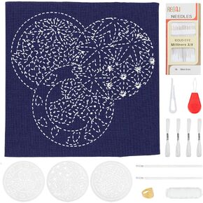 WEBEEDY DIY Sashiko طقم تطريز خياطة Sashiko تحديد الموقع مع قالب نمط ساشيكو الياباني التقليدي النسيج زهرة الجدول الحصير التطريز مع تعليمات لديكور طاولة الطعام المنزلية in Saudi Arabia