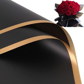 20 ورقة من ورق تغليف الزهور بحافة ذهبية لوازم باقة زهور مقاومة للماء ورق تغليف زهور سميك أو ورق تغليف صندوق هدايا 23 × 23 بوصة (حافة سوداء وذهبية)