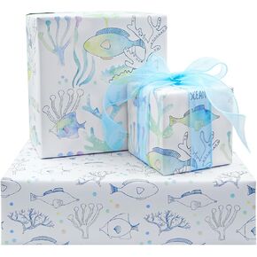 Apol Watercolor Ocean Birthday Wrapping Paper for Kids Girls Boys,4 Sheets Sea Fishes Coral Shell Design Gift Wrap Paper Colorful Kraft Wrapping Paper for Birthday Christmas Baby Shower,28x20 Inches