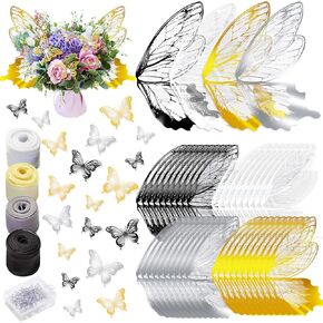 Wavwavw 256 Pcs Butterfly Flower Bouquet Wrapping Paper Kit 80 Waterproof Butterfly Bouquet Wrapping Paper 72 3D Butterfly Decor 100 Flower Pin 4 Ribbon for DIY Craft Wedding Birthday Mother's Day
