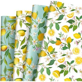 Generic AnyDesign 12 Sheets Summer Lemon Wrapping Paper - Not Roll - Watercolor Lemon Flowers Gift Wrap Paper Bulk Folded Flat Art Paper for Summer Birthday DIY Crafts, 19.7 x 27.6 Inch
