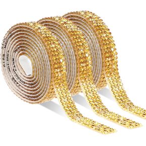 3 Rolls Rhinestone Ribbon Self Adhesive Rhinestone Strips Crystal Rhinestone Tape Stickers Glitter Rhinestone Trim Roll Fabric Trim for DIY Crafts Clothes Car Shoes Decorations, 1 Yard/Roll (Gold)