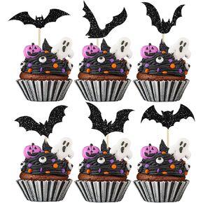 24Pcs Halloween Bat Cupcake Toppers Black Glitter Bat Halloween Cupcake Pick Decorations for Halloween Theme Baby Shower Kids Birthday Party Cake Decorations Supplies