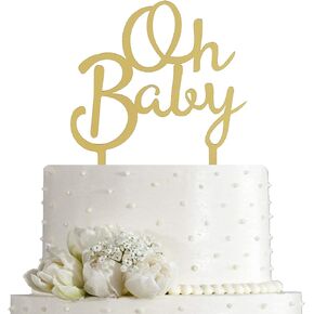 JIEEIN Oh Baby Cake Topper, Mirror Gold Acrylic Cake Topper for Baby Shower Party Decor, 1st Birthday Party Cake Topper Decorations