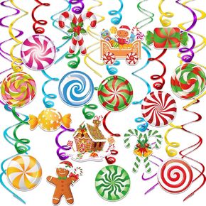 HOWAF Christmas Hanging Swirl Decoration, Christmas Party Sweet Candies Themed Foil Ceiling Swirl for Home Decor, Candies Cutout Candy Cane Swirl Streamer for Christmas Party Decor Supplies, 30 Pcs