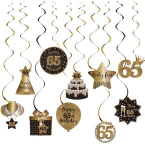 Happy 65th Birthday Party Hanging Swirls Streams Ceiling Decorations, Celebration 65 Foil Hanging Swirls with Cutouts for 65 Years Old Black and Gold Birthday Party Decorations Supplies