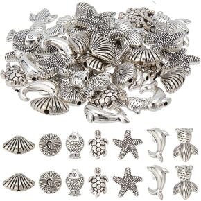 SUNNYCLUE 70PCS 7 Styles Silver Sea Beads Marine Beads Sea Ocean Animal Summer Hawaii Turtle Fish Shell Animals Alloy Metal Loose Spacer Beads for Jewelry Making Beading Kit Bracelets Supplies