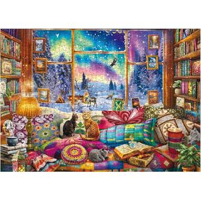 Winter Book Nook Puzzle 1000 Piece for Adult, Cozy Cabin Northern Lights Jigsaw Puzzle, Cat Animals Puzzles