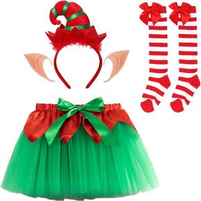 Elf Christmas Costume Set - Elf Tutu Skirt Elf Headband Elf Ears and Striped Stockings for Christmas Elf Cosplay Xmas Dress Up Party Christmas Gift
