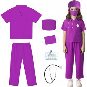 Kids Doctor Scrub Costume,Halloween Cosplay Dress up,Nurse Scrub Set Gift for Boys and Girls 3-12Years Old 6PCS