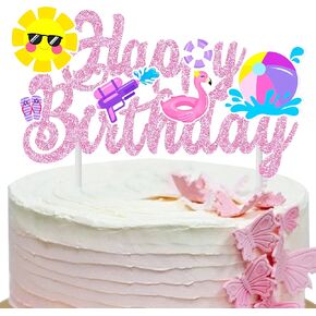 Pool Party Birthday Cake Topper Summer Pool Birthday Party Decorations Pink Glitter Summer Beach Happy Birthday Cake Topper Decorations for Boys Girls Summer Holiday Birthday Party Favor Supplies