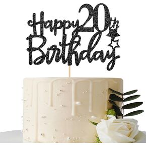 Black Glitter Happy 20th Birthday Cake Topper for, Hello 20th Anniversary, Cheers to 20 Years Party Decorations