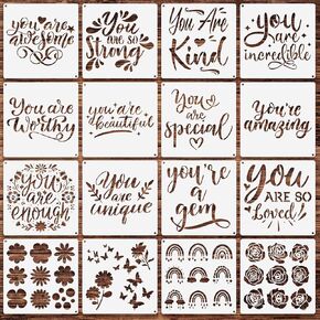 16 Pieces Motivational Stencils for Painting Inspirational Word Stencils Kit for Craft Christian Stencils Reusable Polyester Film Template Stencils with Open Ring for DIY Decor (6.3 x 6.3 In)