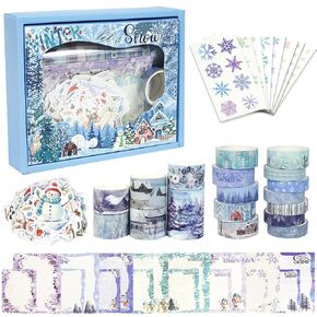 YUBBAEX Winter Washi Tape & Sticker Pack Snow Landscaping Masking Tapes Scrapbook Paper Holiday Decorative for Arts, DIY Crafts, Journal Supplies, Scrapbook, Card/Gift Wrapping