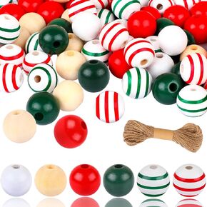 JUNEBRUSHS 120Pcs Christmas Wooden Beads 16mm Wood Round Beads White Green Red Stripe Natural Farmhouse Spacer Beads for Craft Christmas Party Holiday DIY Hanging Ornament Garland Tree Decor
