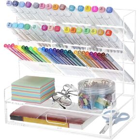 QWORK Acrylic Desk Organizers and Accessories – Multi-Compartment Storage with Drawer, Clear Pencil Organizer and Pen Holder