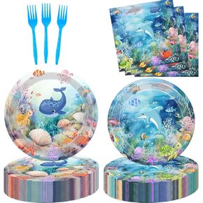 80 Pcs Under The Sea Party Supplies Ocean Disposable Paper Plates Napkins Forks Dinnerware for Underwater World Sea Life Theme Baby Shower 1st 2nd 3rd 4th Birthday Party Decorations