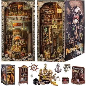 Wimlade Book Nook Kits for Adults, 3D Pirate Ship Puzzle DIY Miniature House Kit for Bookshelf Insert Decor, Wooden Puzzles for Adults with LED Lights, Halloween/Christmas Gifts for Adults and Teens