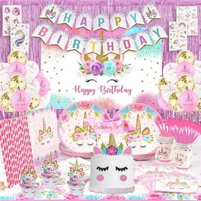 Unicorn Birthday Decorations for Girls with Unicorn Backdrop and Foil Curtain- Unicorn Party Supplies Serves 16 Includes Happy Birthday Banner,Backdrop,Napkins,Cake Topper,Headband, Sash & Tablecloth