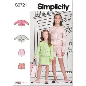 Simplicity Children's and Girls' Lined Jackets, Shorts and Pull-on Skirt Sewing Pattern Kit, Code S9721, Sizes 7-8-10-12-14, Multicolor