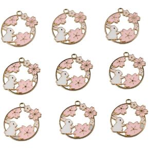 20 Pcs Ename Rabbit Bunny Charms Pink Flower Rabbit Charms Round Pendants Hollow Pendant for Jewelry Making DIY Craft