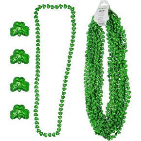 4E's Novelty St Patricks Day Beads Necklace Bulk (12 Pack) Shamrock Clover Green Beads - St. Patrick's Day Gifts for Kids, Kids Party Favor Supplies Costume Accessories