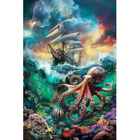 CBAEPS Adult Landscape Diamond Painting Set, 5D Octopus Battle, Pirate Ship, DIY Beginner Diamond Painting Set, Bedroom, Living Room Decoration 12x16 Inches