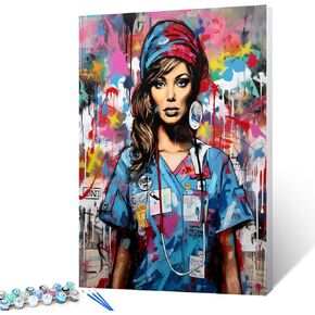 Fashion Girl Banksy Paint by Numbers for Adults Kids Graffitic Nurse Paint by Numbers DIY Painting Acrylic Fashion Women Paint by Numbers Kit Home Wall Living Room Decoration 16x20 Inch(DIY Frame)