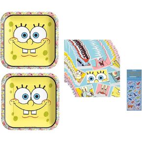 Spongebob Birthday Party Supplies Bundle Pack includes 16 Paper Plates 9", 16 Paper Napkins, 1 Dinosaur Sticker Sheet