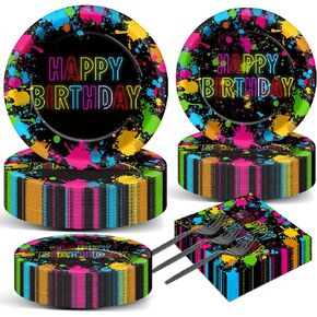 Qyeahkj 200Pcs Neon Party Paper Plate and Napkins Neon Birthday Party Decorations Glow in the Dark Birthday Paper Supplies Disposable Glow Tableware Dinnerware Set for Party Favors 50 Guests