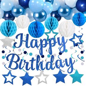Blue Birthday Decorations, Dusty Blue White Sand Gold Balloons Fringe Curtain Happy Birthday Banner Tablecloth Paper Pom Poms for Kids Men Women Boys Girls Birthday Light Blue Party Decorations