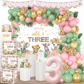 Young Wild and Three Party Decorations, 3rd Birthday Decorations Girl, Floral Jungle Safari Animal Theme Third Birthday Backdrop Balloon Banner Leaf Cake Topper Box Poster, 136 PCs